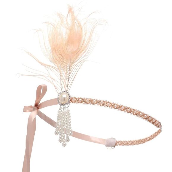 Flapper Headband Pearl Peacock Feather Hair Accessory Vintage Gatsby main image 6